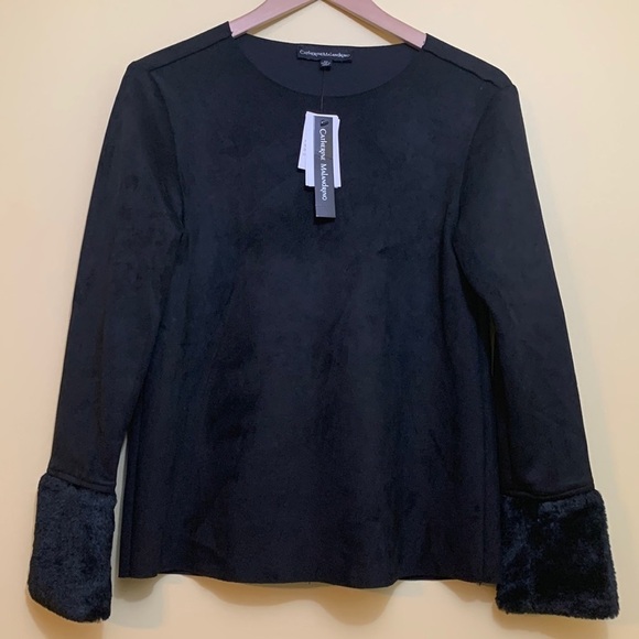 Catherine Malandrino | NWT Black Faux Suede Fur Round Neck Pullover Boxy Top XS - Picture 1 of 13